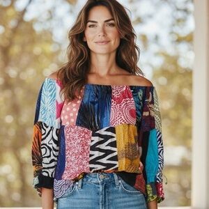 Colorful Patchwork Off-Shoulder Women's Blouse